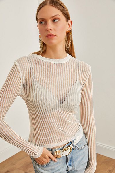 Olalook Weiße durchbrochene transparente saisonale Strickbluse für Damen BLZ-19002628