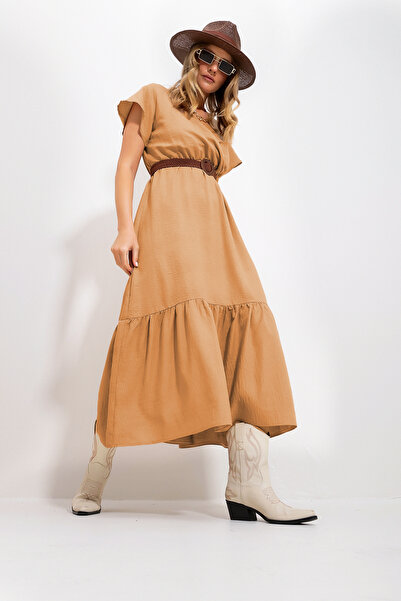 Trend Alaçatı Stili Dámská velbloudí sukně s dvouřadým límcem a volným páskem Tkané šaty Aerboin Alc-X11711