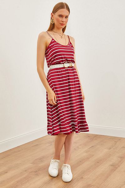 Olalook Burgunderrotes gestreiftes Viskose-Strickkleid mit dünnen Trägern und elastischer Taille für Damen ELB-19002155