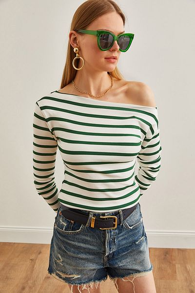 Olalook Γυναικεία Σμαραγδένια Πράσινη ριγέ Premium Soft Touch Boat Neck Stretchy Μπλούζα BLZ-19002448