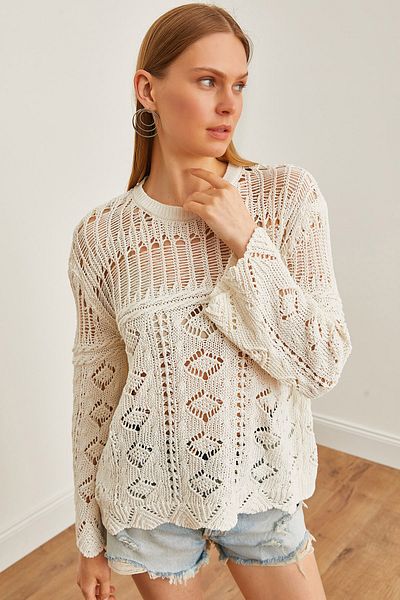 Olalook Women's Ecru Patch Braided Seasonal Cotton Knitwear Blouse BLZ-19002632