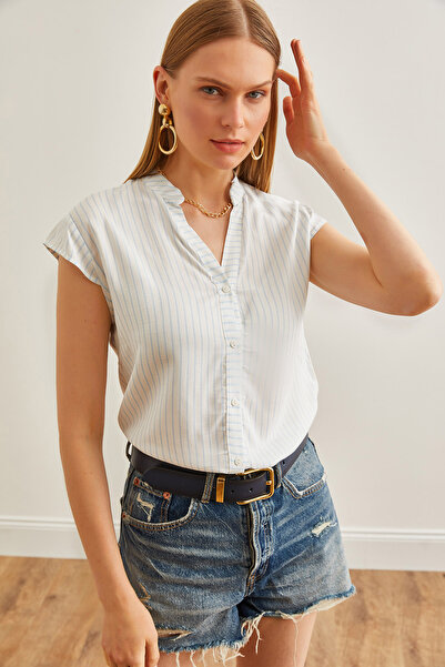 Olalook Women's White Baby Blue V-Neck Striped Viscose Shirt GML-19000188