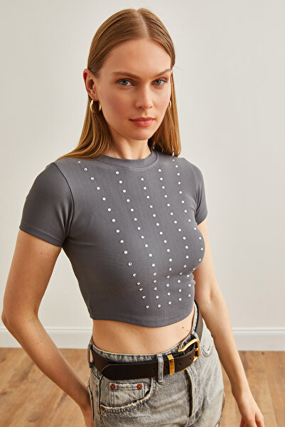 Olalook Bluză crop subțire cu snur cu detaliu din piatră afumată pentru femei BLZ-19002626