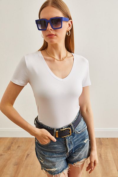 Olalook Tricou alb pentru femei, cu decolteu în V, tricotat de bază din viscoză TSH-19000625