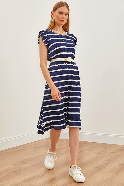 Olalook Γυναικεία βολάν φούστα ώμου Navy Blue White Λεπτομερής ελαστική μέση φόρεμα βισκόζης ELB-19002147