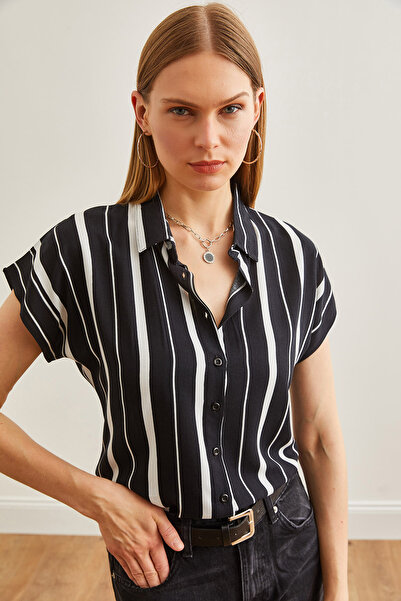 Olalook Cămașă din viscoză neagră cu dungi groase pentru femei GML-19000617