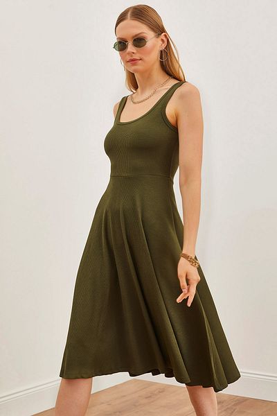 Olalook Women's Khaki Strap Flowing Twisted Flared Dress ELB-19002152
