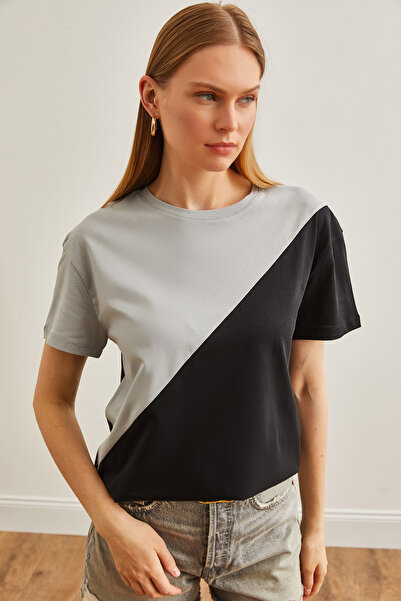 Olalook Γυναικείο Smoked Black Asymmetric Blocked T-shirt TSH-19000350