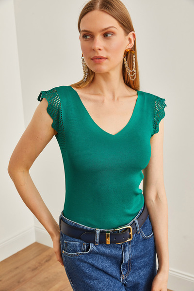 Olalook Kadın Zümrüt Yeşili Ön Arka V Ajurlu Triko Bluz BLZ-19002631