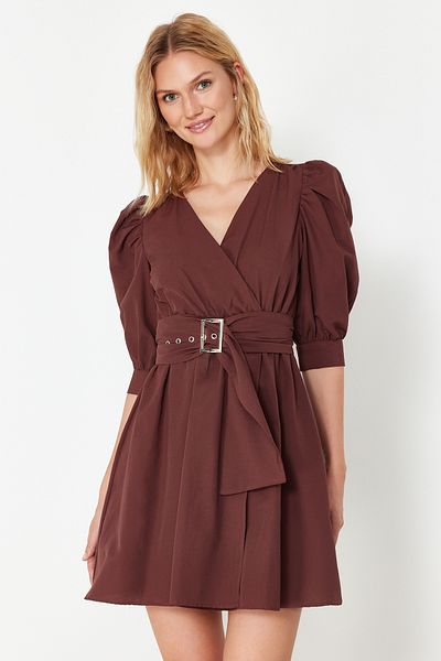 Trendyol Collection Brown Belted Waist Opening Balloon Sleeve Mini Woven Dress TWOSS20EL0619