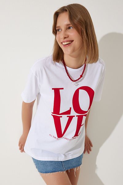 Happiness İstanbul Tricou de damă din bumbac supradimensionat cu imprimeu alb NJ00150