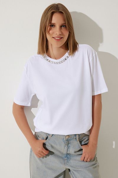Happiness İstanbul Colier cu lanț cu guler alb pentru damă, tricou tricotat 100% bumbac UB00277