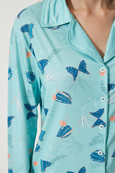 Happiness İstanbul Women's Aqua Green Patterned Shirt-Pants Knitted Pajama Set TK00092