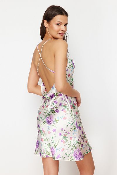 Trendyol Collection Satin Woven - Multicolored Floral Print, Back Detail, Rope Strap Degaje Collar Nightgown Thmss23gc00008