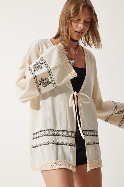Happiness İstanbul Cremefarbener bestickter Kimono aus Rohleinen für Damen RG00035