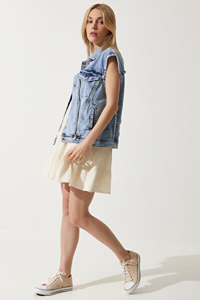 Happiness İstanbul Women's Medium Blue Zipper Detailed Premium Design Denim Vest VC00006