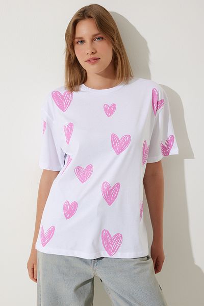 Happiness İstanbul Tricou din bumbac supradimensionat, alb, roz, imprimat cu inimă BP00165