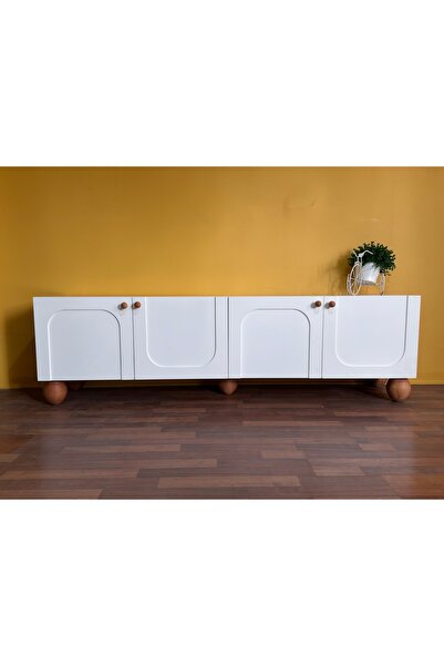 lazzir handle Mdf Bohem Beyaz Mebran Kapak Ters Kubbeli 4'lü Kapaklı Televizyon Ünitesi 180 Cm(KONİK AYAKLI)