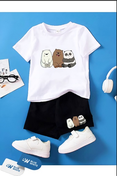 FRİENDS KİDS Boys/Girls' 3-Piece PANDA Printed T-Shirt-Shorts Set