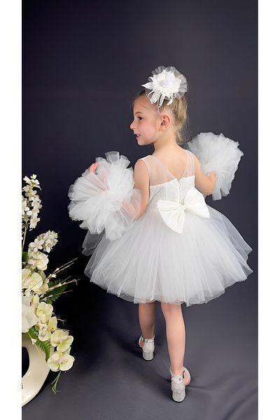 BAMBİNO KİDS Robă din șifon, mânecă cu pompon, paiete, fustă umflată pentru fete, rochie de seară cu tutu