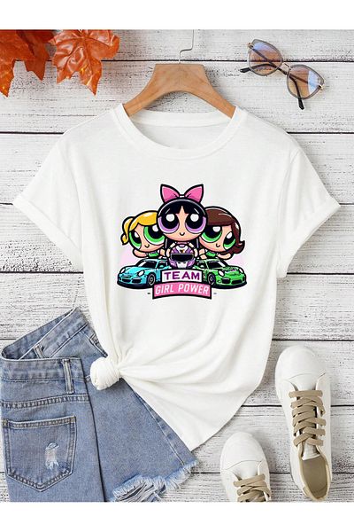 aynewmoda تي شيرت كبير الحجم لفتاة الفريق - تي شيرت مطبوع عليه Powerpuff Girls