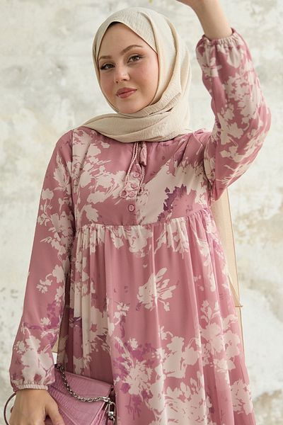 InStyle Φόρεμα σιφόν με μοτίβο με φύλλα μπροστά με φούντες
