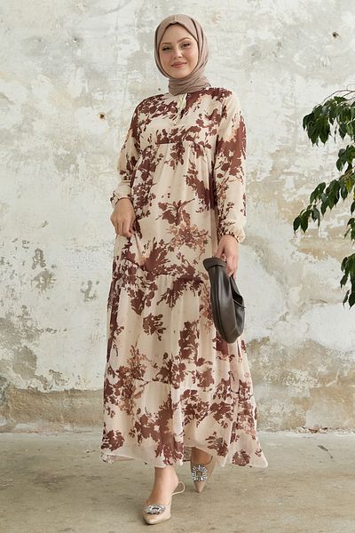 InStyle Φόρεμα με μοτίβο με φύλλα μπροστά με φούντες καφέ σιφόν