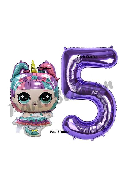 Parti Station 5 Year Old Baby Unicorn LOL Balloon and Purple Number Birthday Party Set