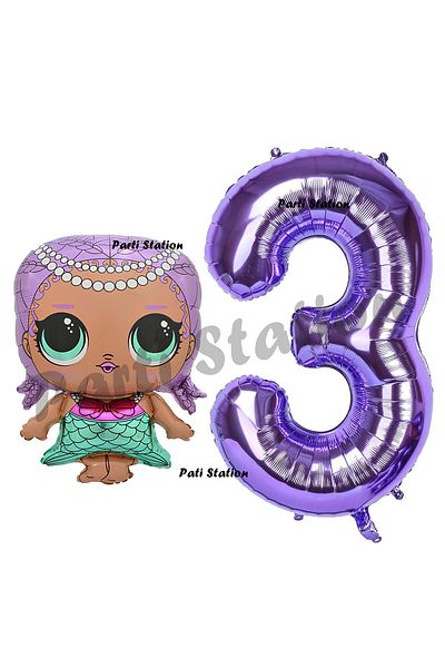 Parti Station Mermaid LOL Balloon and Purple Number Birthday Party Set for 3 Year Old Babies