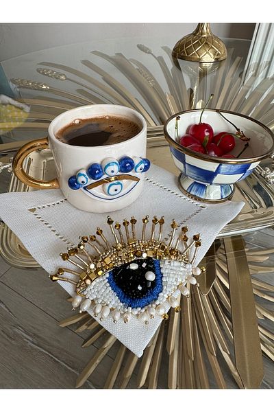 Hatice sakallı design 1 bucată șervețel de prezentare pentru cafea, cu design special, brodat manual, cu mărgele de ochi rău, placat cu aur