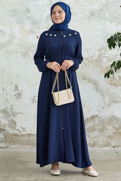 InStyle Navy Blue Ferace with Flower Pearl Robe and Elastic