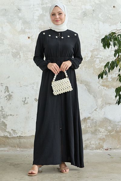 InStyle Black Ferace with Flower Pearl Robe and Elastic