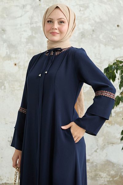 InStyle Lace Detail Embroidered Navy Blue Ferace
