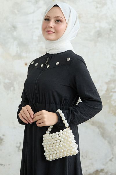 InStyle Black Ferace with Flower Pearl Robe and Elastic