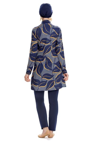 Starinci Mayo Full Covered Swimsuit Lycra Navy Blue Leaf Patterned Stand Collar