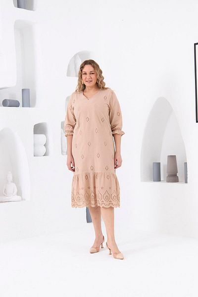 RMG Cream Colored Embroidery Plus Size Dress - Lined and Elastic Sleeves