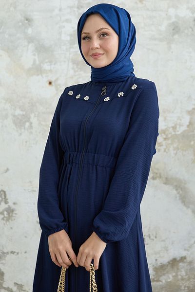 InStyle Navy Blue Ferace with Flower Pearl Robe and Elastic
