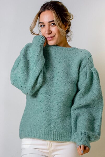 ARESMODA Kadın Mint Yeşili Triko Ajurlu Örme Kısa Kazak