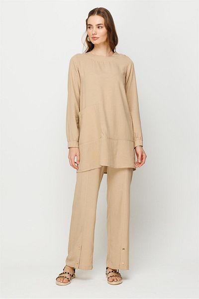 Esswaap Costum tunică cu pantaloni confortabili din țesătură naturală Bej