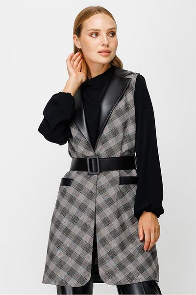 Esswaap Plaid Fabric Leather Belted Triple Set Black