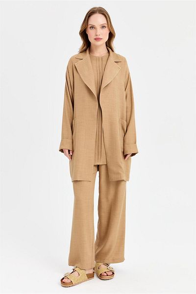 Esswaap Camel Crush Detailed Blouse, Jacket and Pants Set