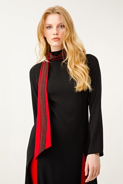 Esswaap Atkı Üzeri Taş Işlı Yırtmaçlı Şık Takım Kırmızı