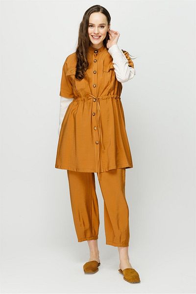 Esswaap Viscose Fabric Safari Jacket Trousers Set Tan
