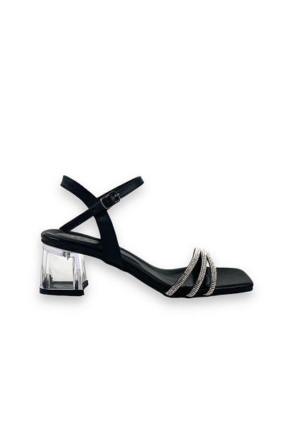 bescobel Women's Telsa Black Low Transparent Heel 3-Piece Stone Sandals 5 Cm 213