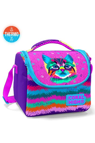 Coral High Kids Purple Pink Cat Patterned Thermo Lunchbox 11859
