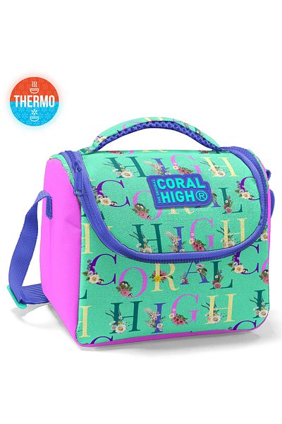 Coral High Kids Water Green Light Pink Monogram Patterned Thermo Lunch Box 11823