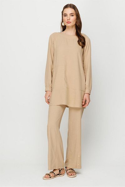 Esswaap Costum tunică cu pantaloni confortabili din țesătură naturală Bej