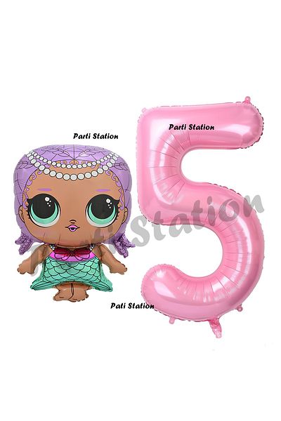 Parti Station Mermaid LOL Balloon and Pink Number Birthday Party Set for 5 Year Old Babies