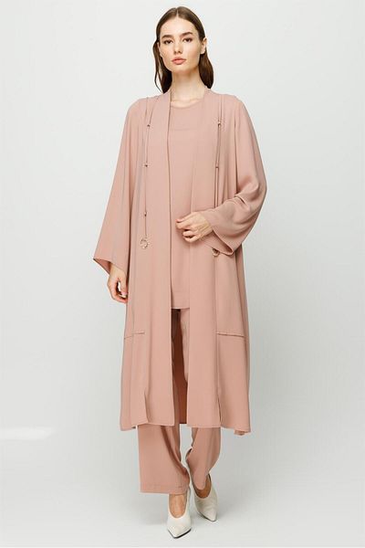 Esswaap Piping Detailed Blouse Jacket Trousers Set Powder