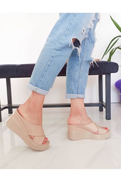 GDT Ayakkabı Nut Color Comfortable Wedge Heel Cross Strap Women's Slippers